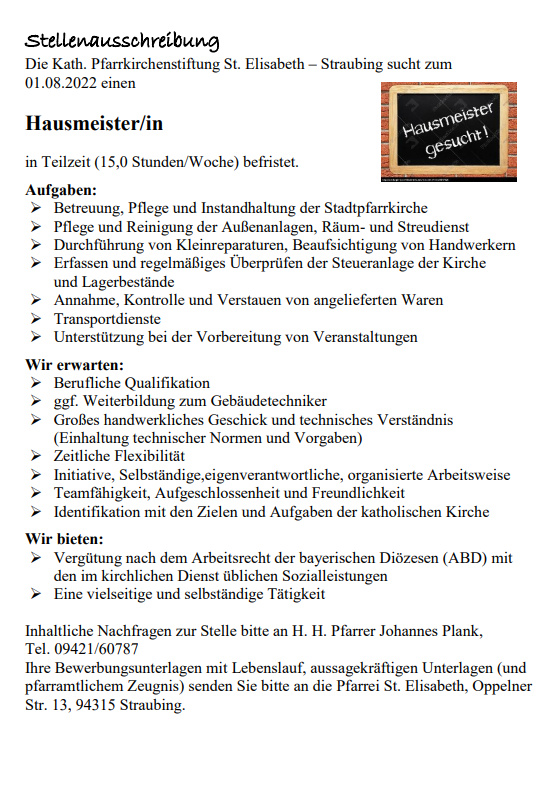 Stellenausschreibung Hausmeister f. Pfarrbrief und homepage V1